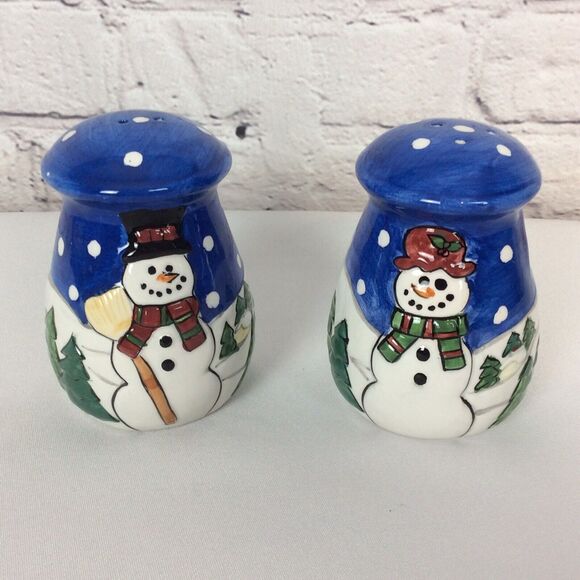 Christmas Mr. & Mrs Snowman Large Salt and Pepper Shakers Stove Top Ceramic Blue - Picture 1 of 7